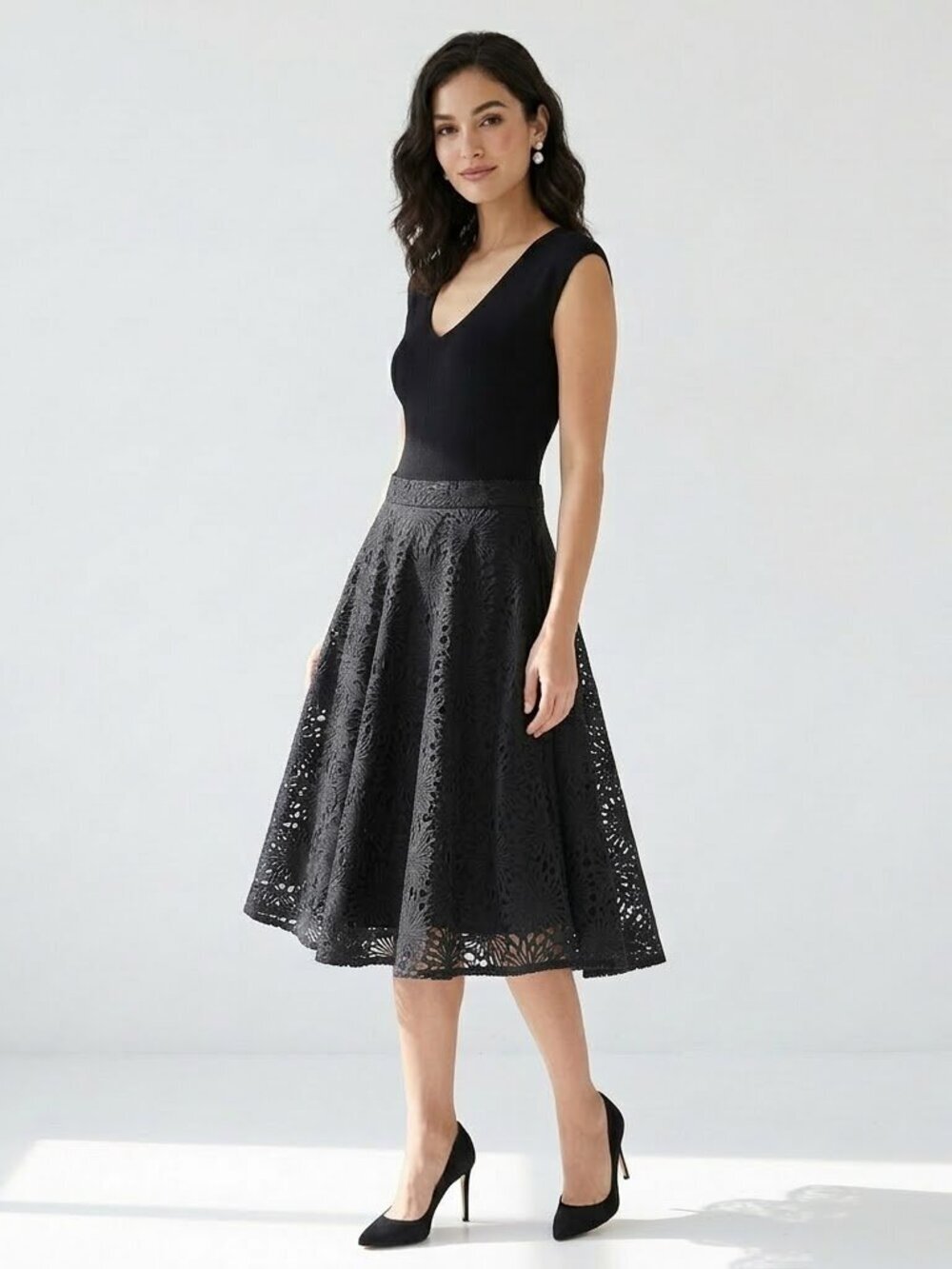 Ted Baker Annikaa Black Knit & Lace Fit Flare Dress Size 2 (US 6)